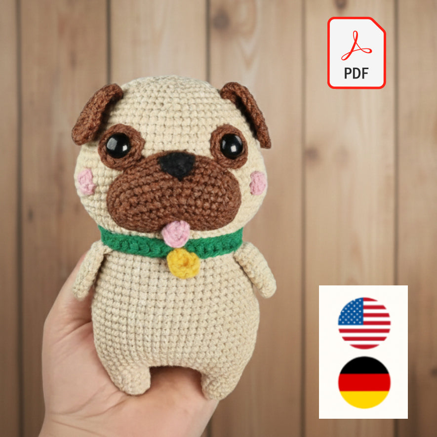 Pug Puppy Amigurumi Crochet Pattern – PDF Digital Download | Cute Dog Plush Toy Tutorial (English & German)