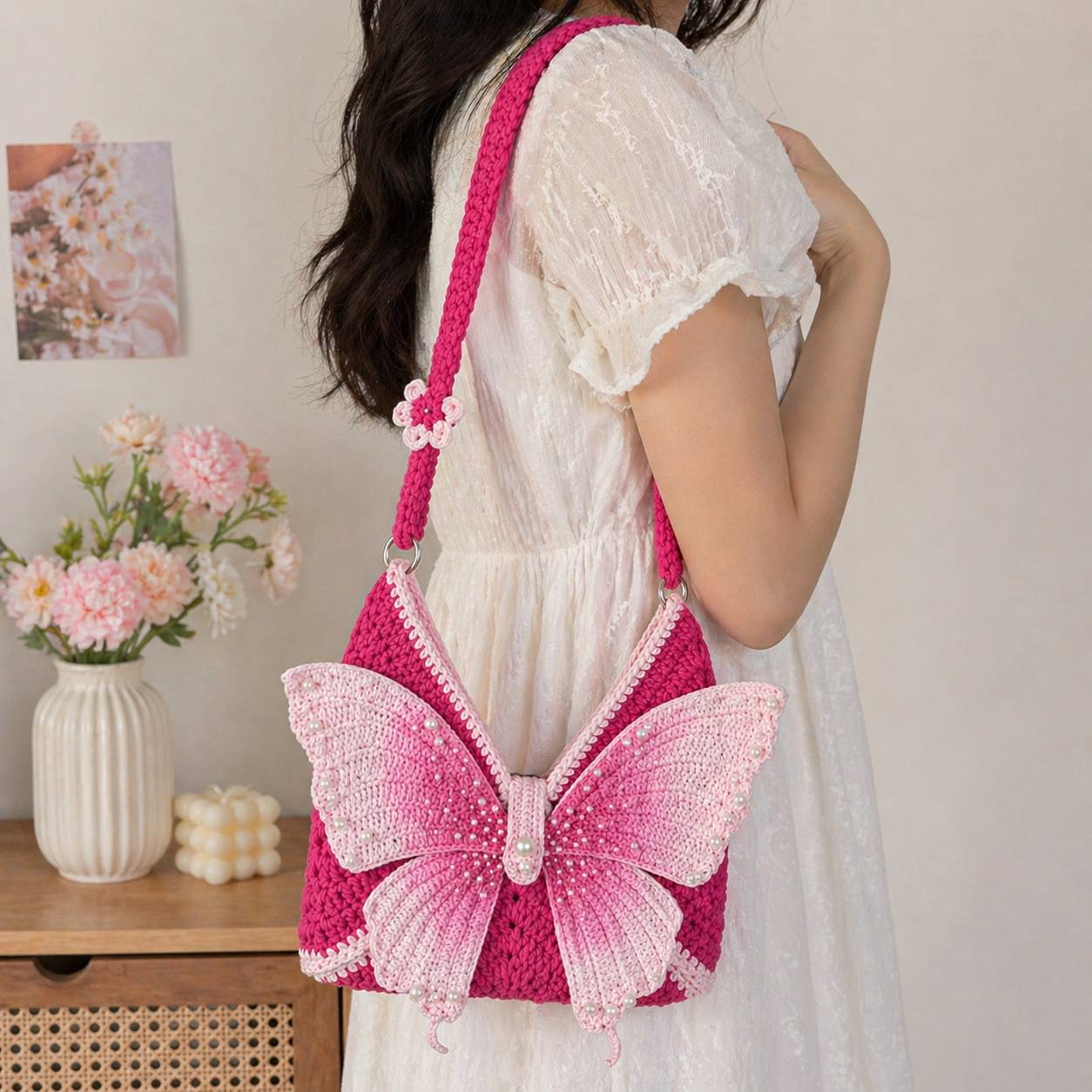 Butterfly Crochet Shoulder Bag – Handmade Pink Knit Purse | Cute Fairycore & Coquette Aesthetic Bag