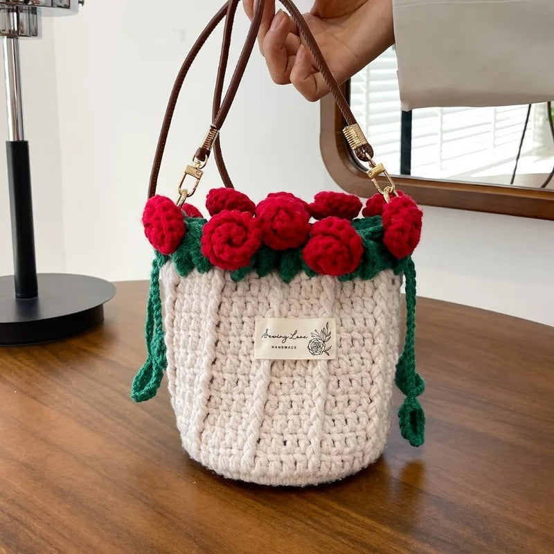 Handmade Crochet Rose Bucket Bag – Elegant Floral Crossbody Purse