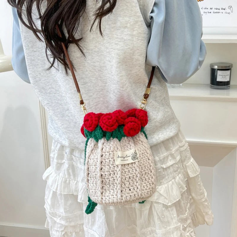 Handmade Crochet Rose Bucket Bag – Elegant Floral Crossbody Purse