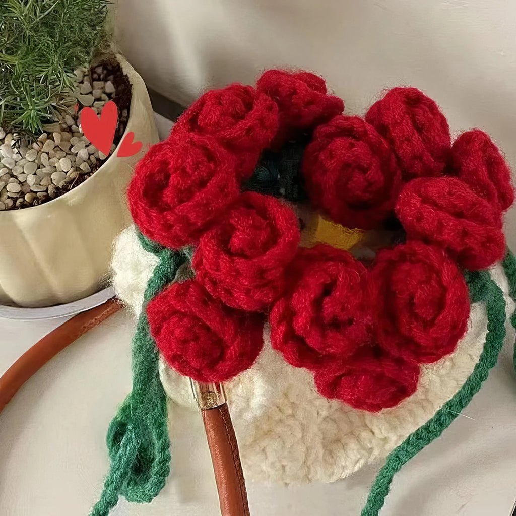 Handmade Crochet Rose Bucket Bag – Elegant Floral Crossbody Purse