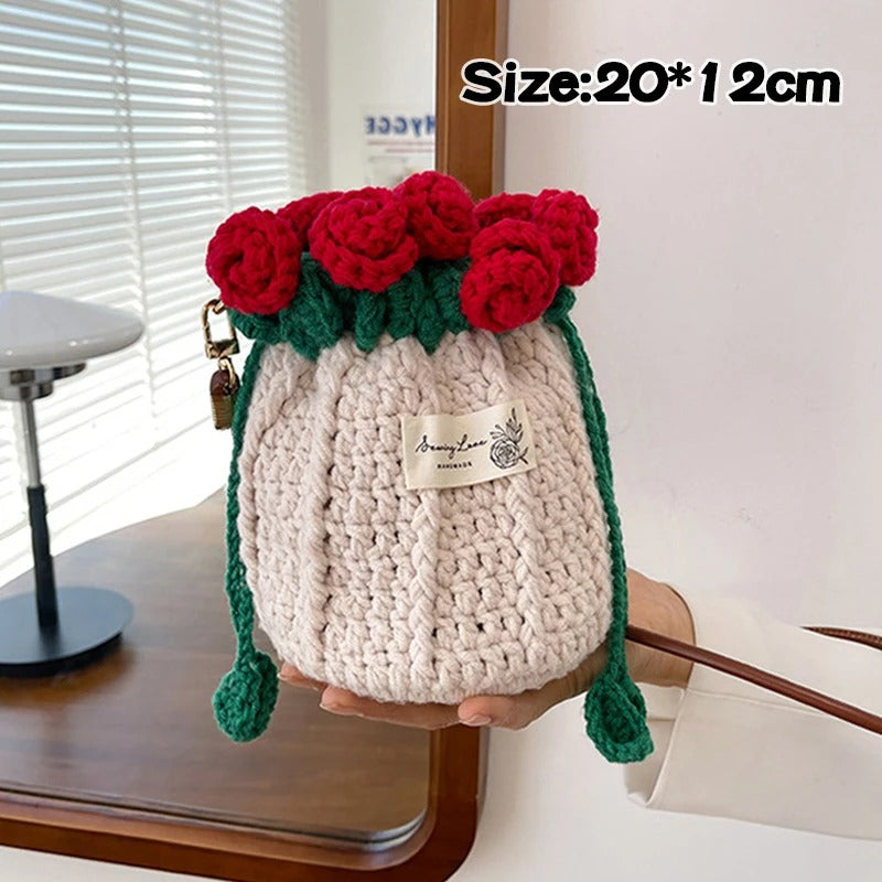 Handmade Crochet Rose Bucket Bag – Elegant Floral Crossbody Purse