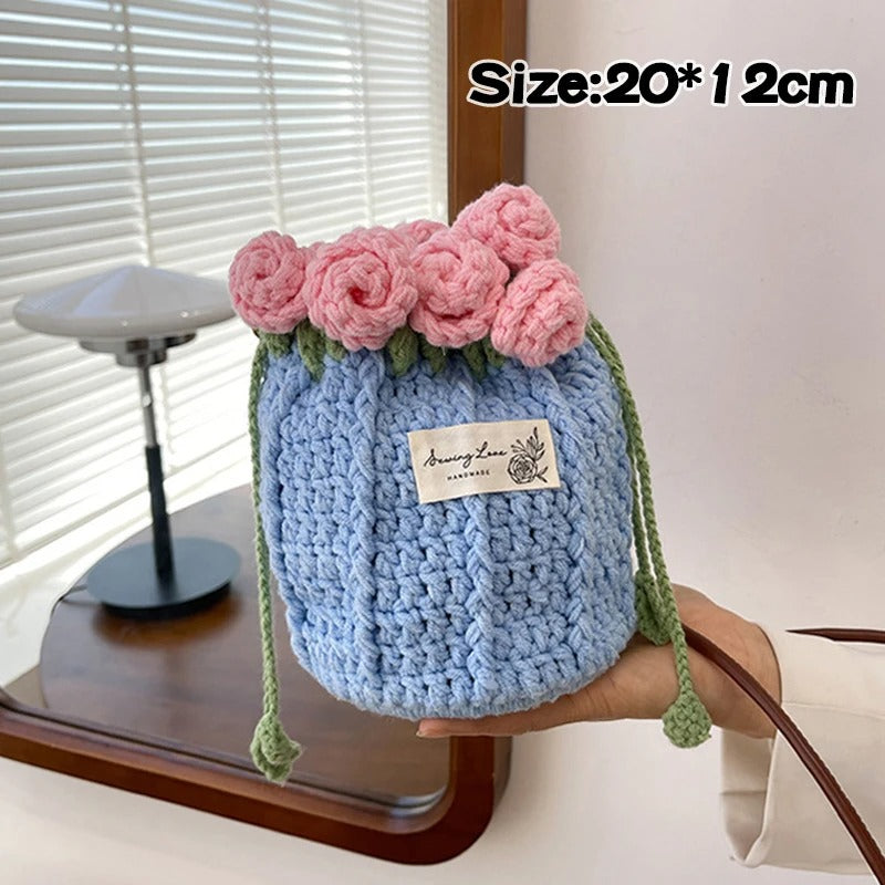 Handmade Crochet Rose Bucket Bag – Elegant Floral Crossbody Purse