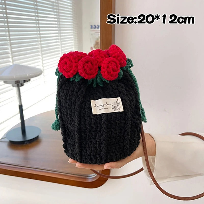 Handmade Crochet Rose Bucket Bag – Elegant Floral Crossbody Purse