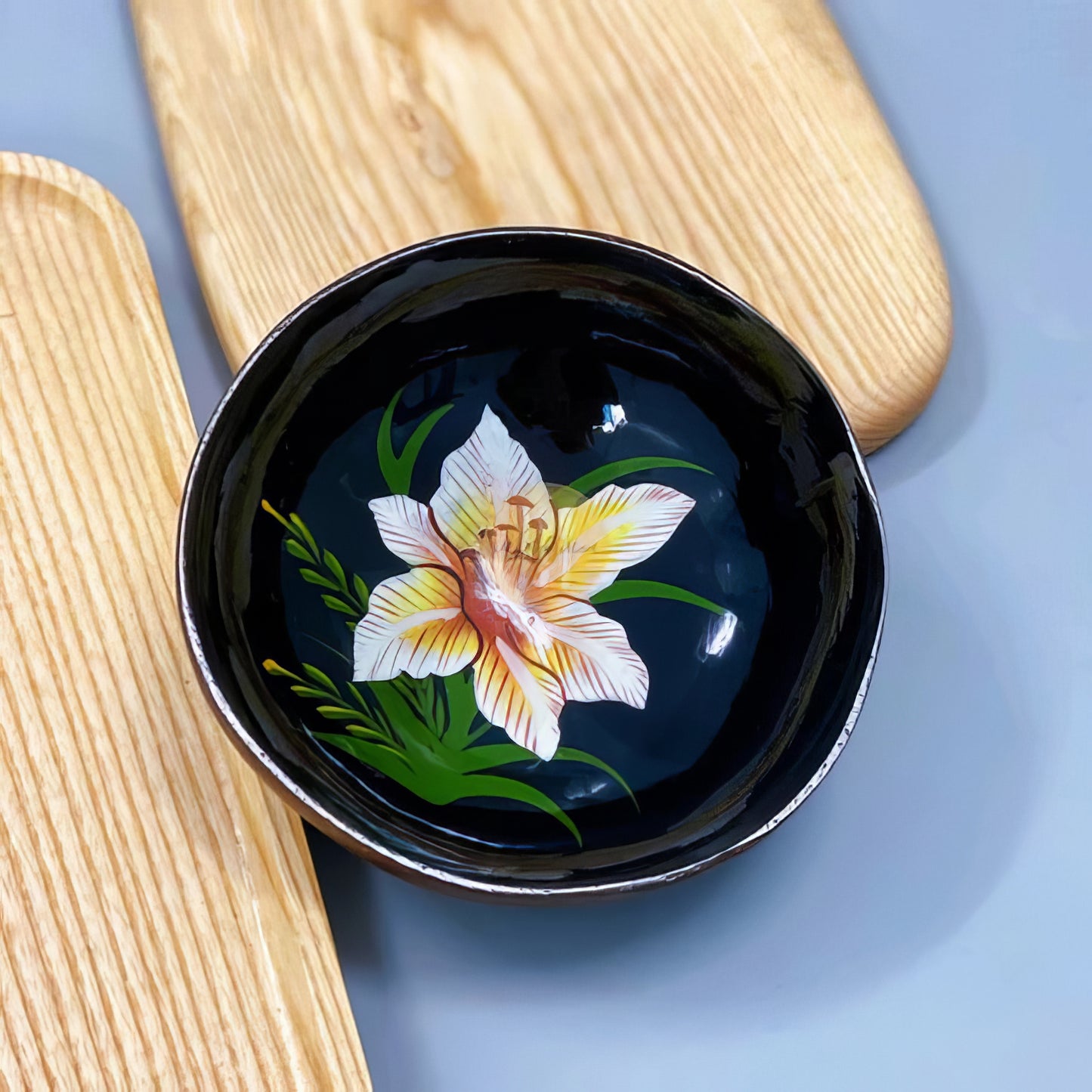 Floral lacquer coconut shell bowl