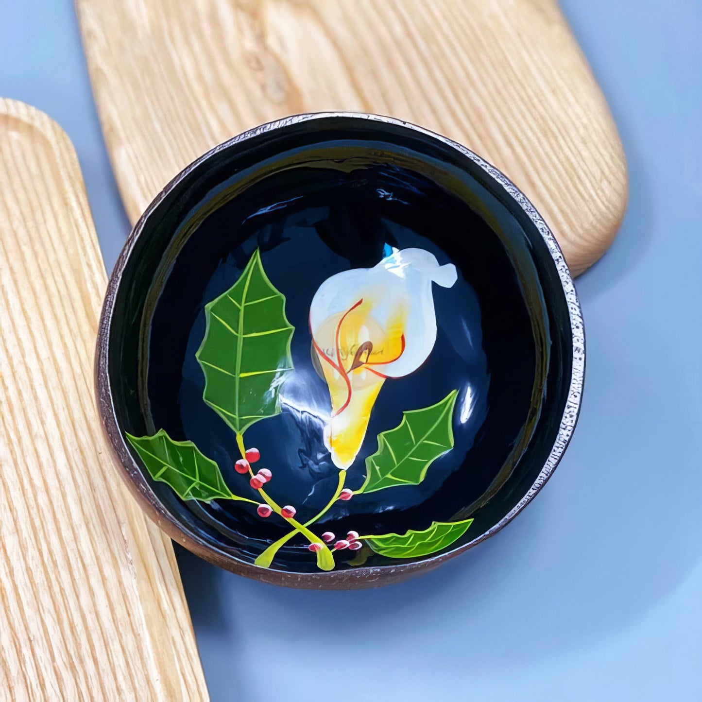 Floral lacquer coconut shell bowl