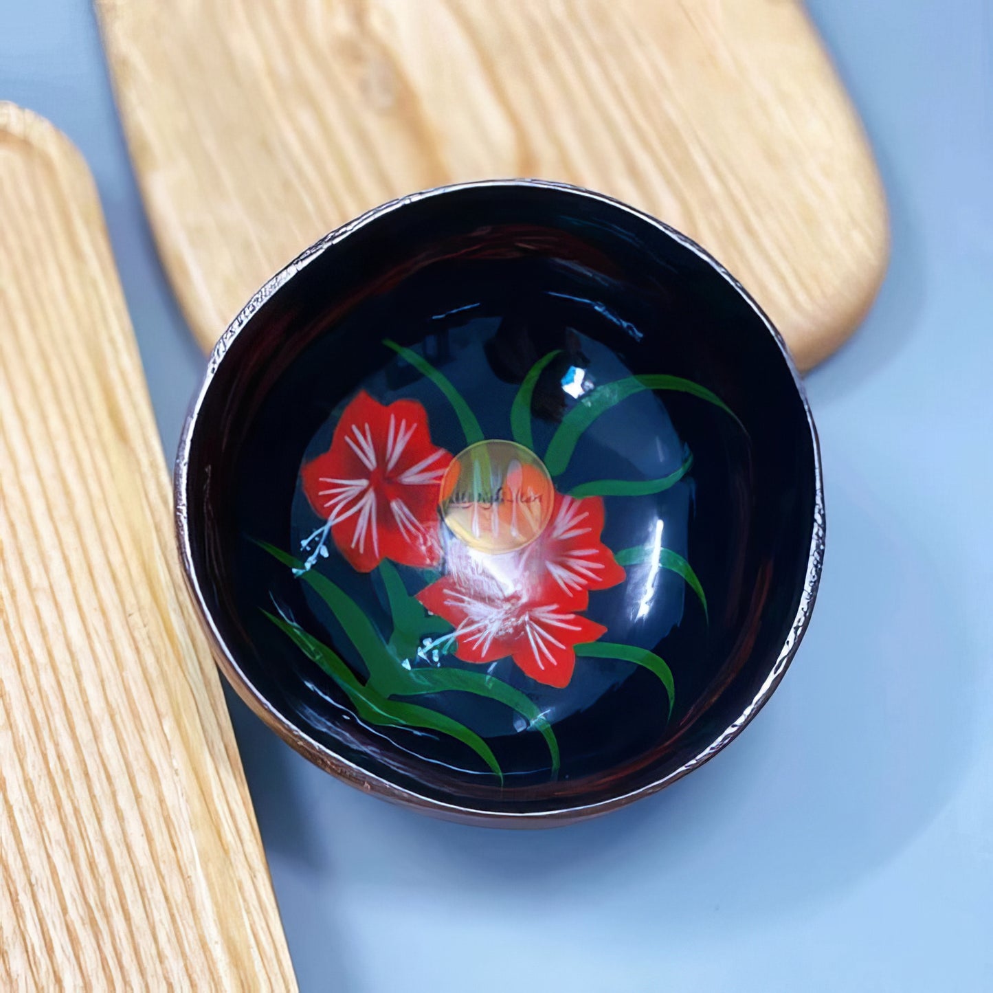 Floral lacquer coconut shell bowl