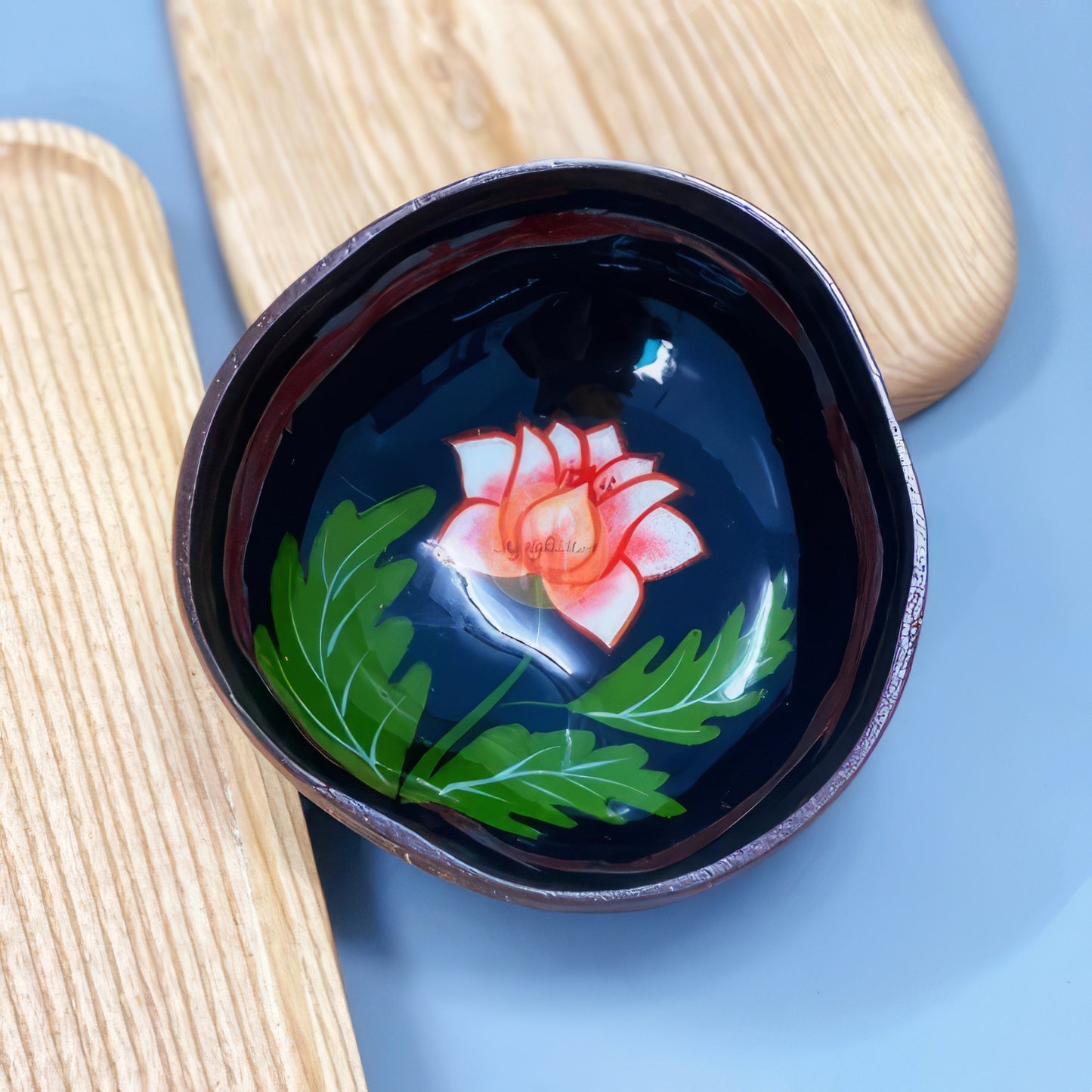 Floral lacquer coconut shell bowl