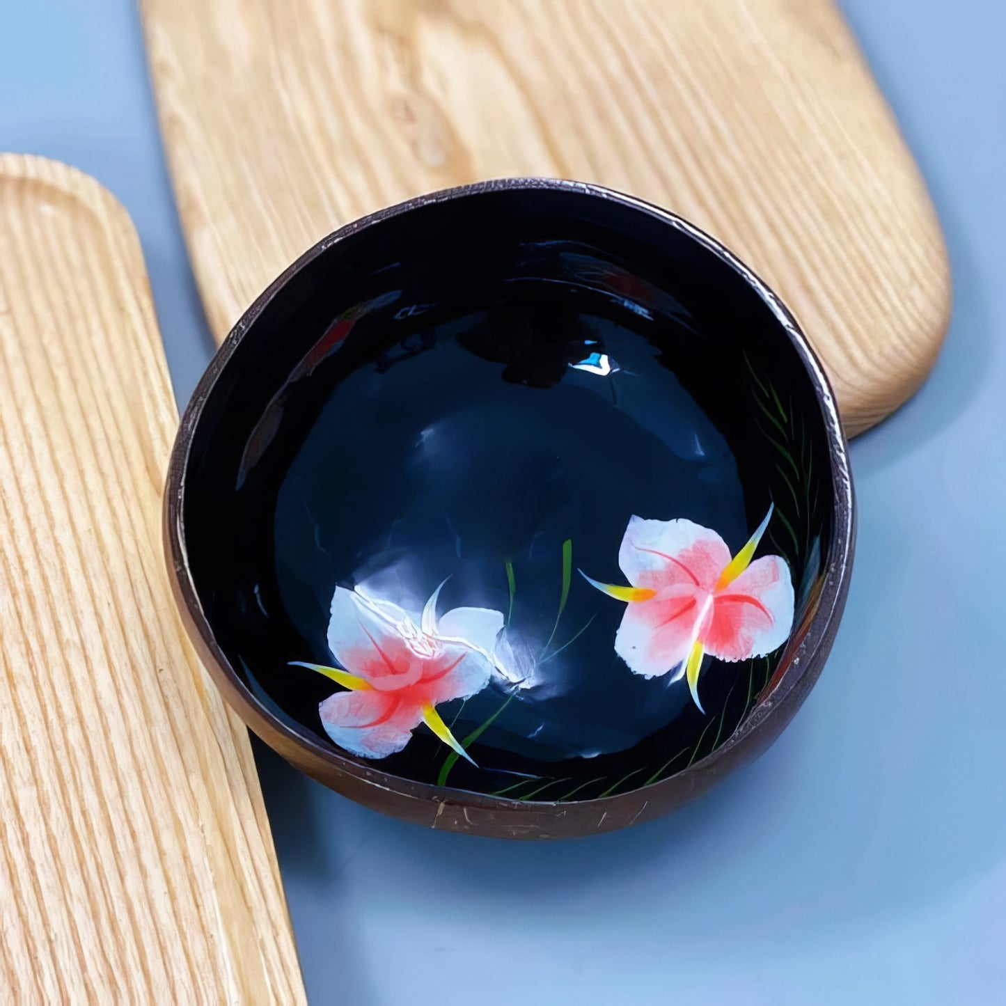 Floral lacquer coconut shell bowl