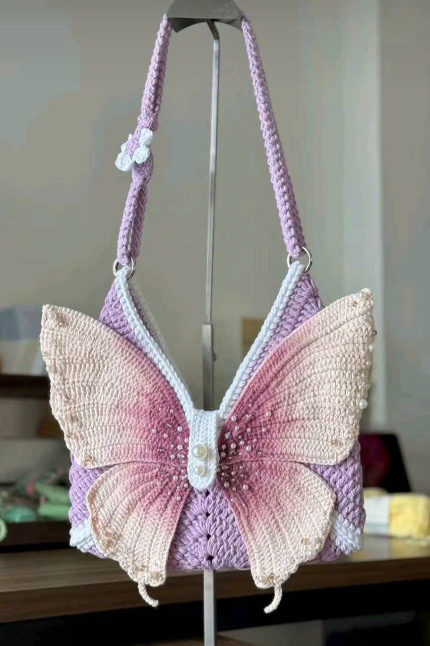 Butterfly Crochet Shoulder Bag – Handmade Pink Knit Purse | Cute Fairycore & Coquette Aesthetic Bag