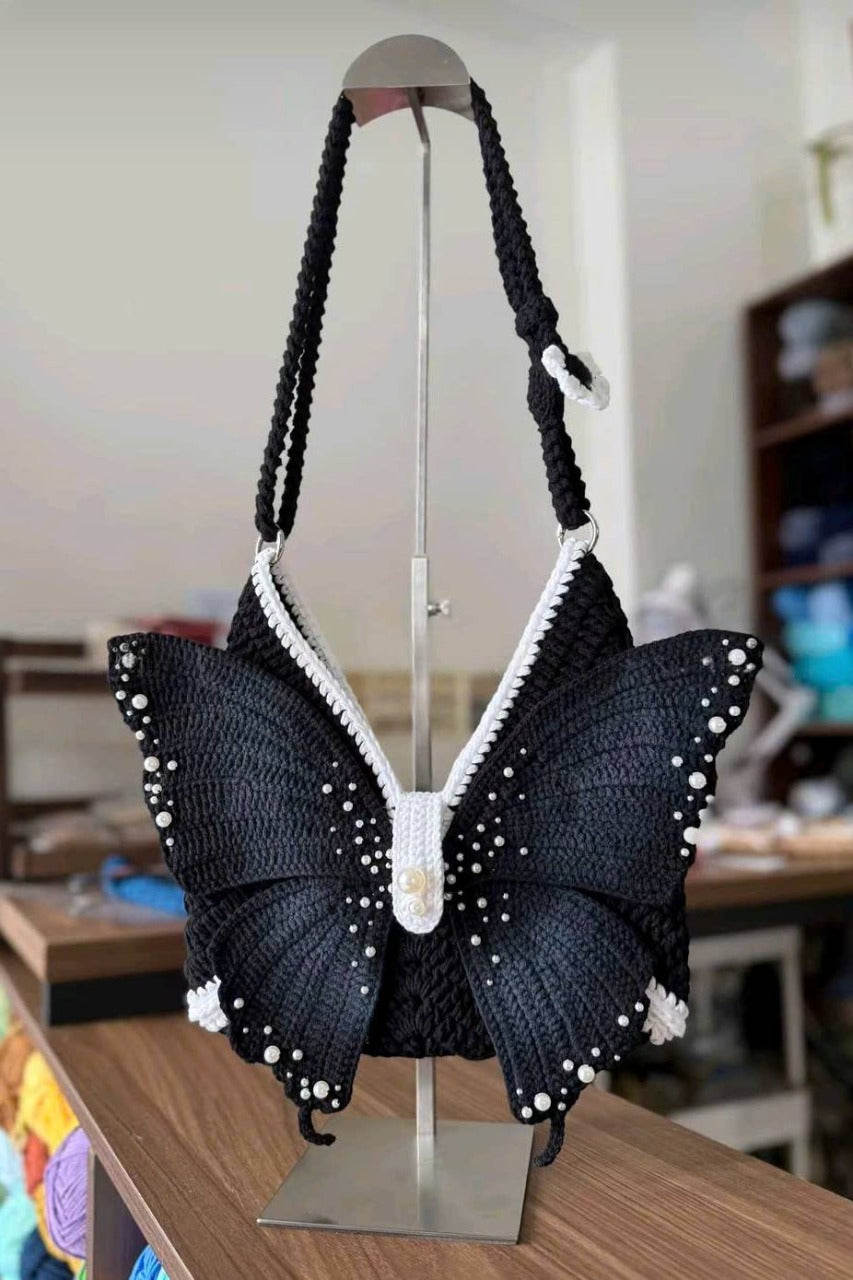 Butterfly Crochet Shoulder Bag – Handmade Pink Knit Purse | Cute Fairycore & Coquette Aesthetic Bag