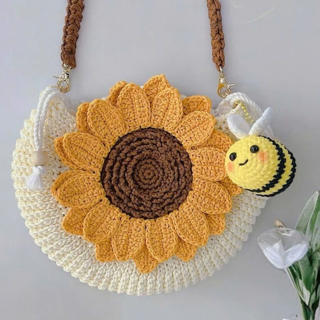 Handmade Crochet Yarn Sunflower Bag with Bee Charm – 10 inch Round Knitted Shoulder Purse