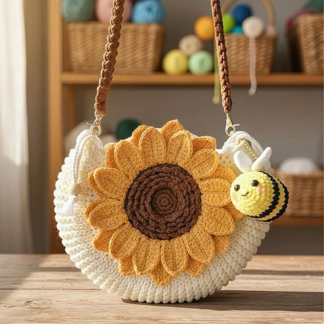 Handmade Crochet Yarn Sunflower Bag with Bee Charm – 10 inch Round Knitted Shoulder Purse