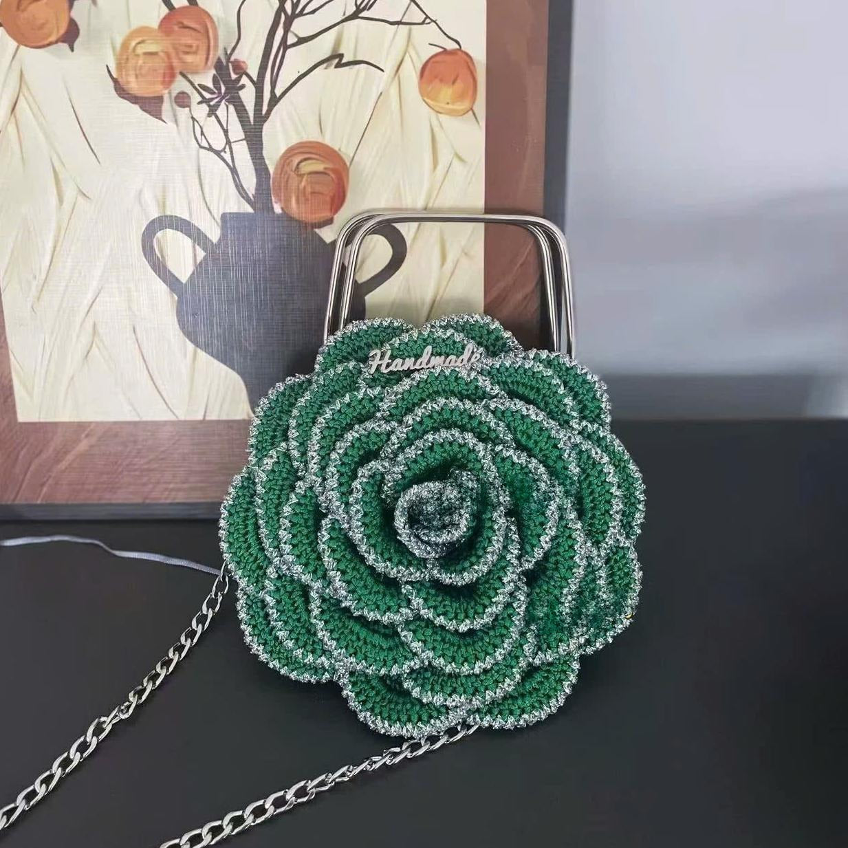 Handmade Crochet Rose Crossbody Bag – Elegant Floral Evening Bag with Chain Strap