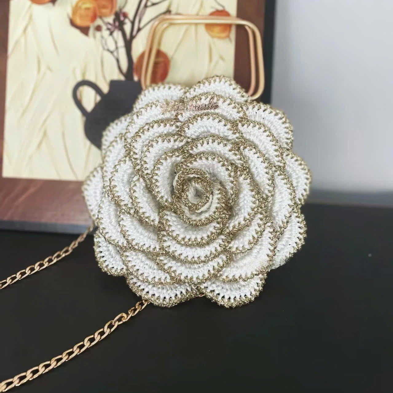 Handmade Crochet Rose Crossbody Bag – Elegant Floral Evening Bag with Chain Strap