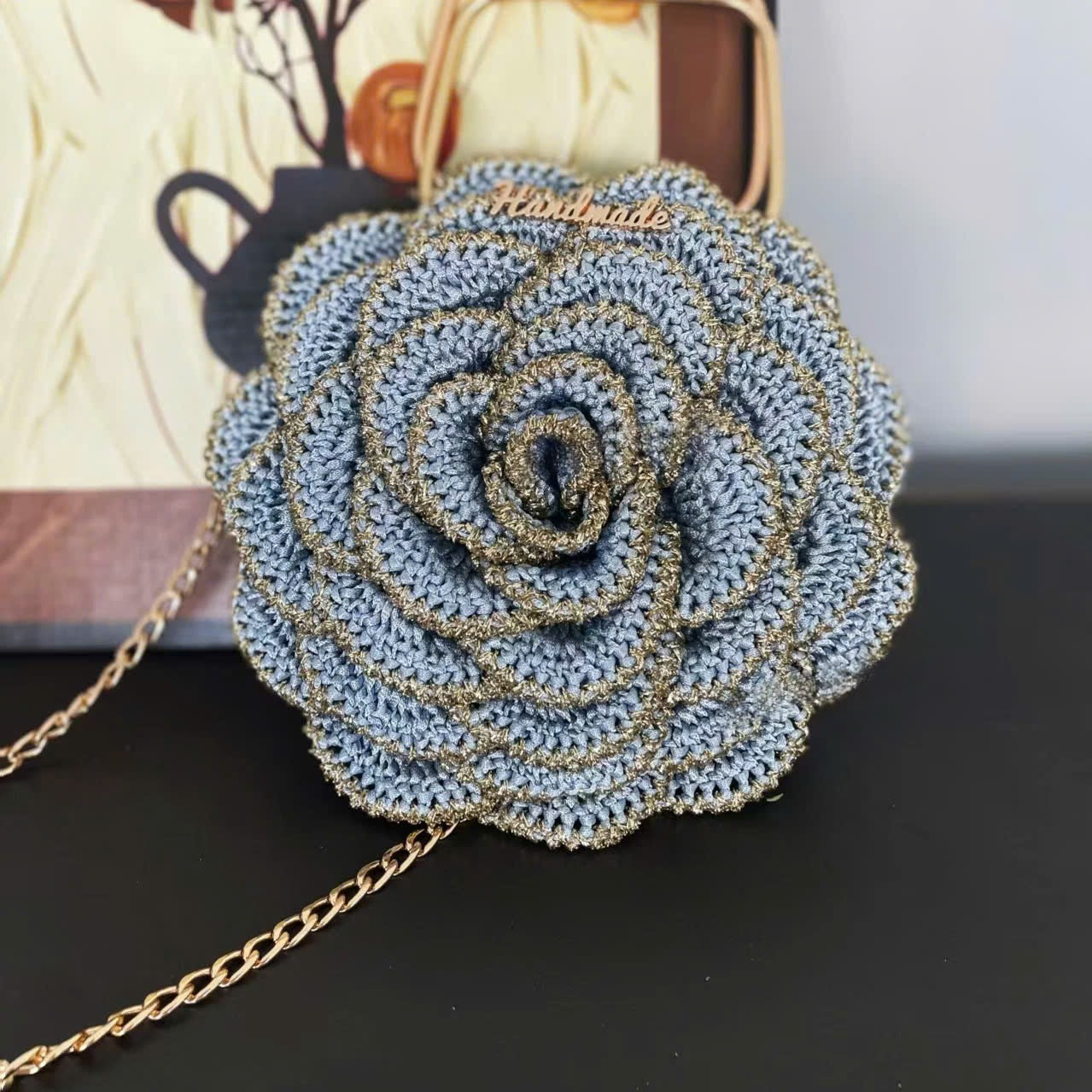 Handmade Crochet Rose Crossbody Bag – Elegant Floral Evening Bag with Chain Strap
