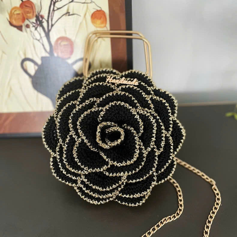 Handmade Crochet Rose Crossbody Bag – Elegant Floral Evening Bag with Chain Strap