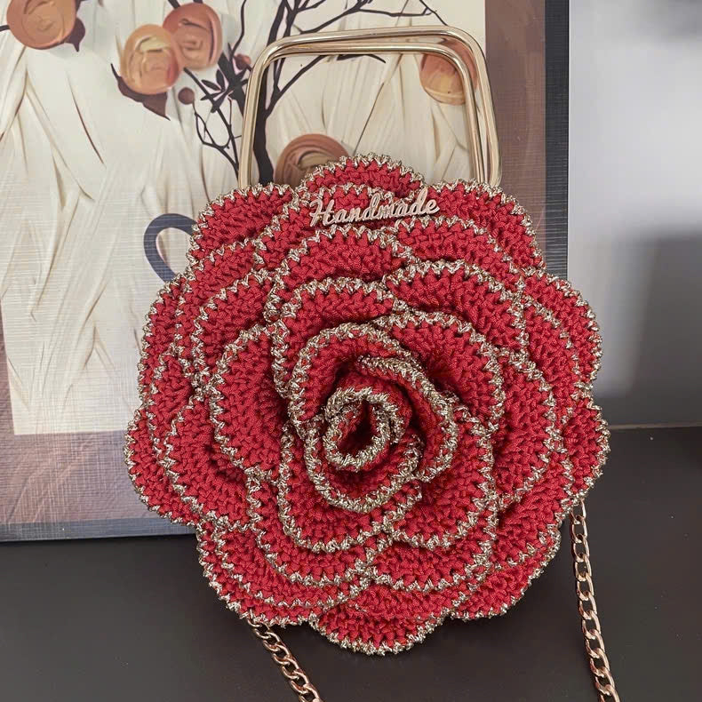 Handmade Crochet Rose Crossbody Bag – Elegant Floral Evening Bag with Chain Strap