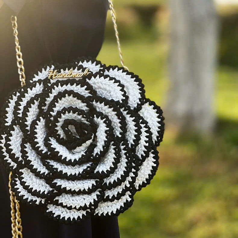 Handmade Crochet Rose Crossbody Bag – Elegant Floral Evening Bag with Chain Strap