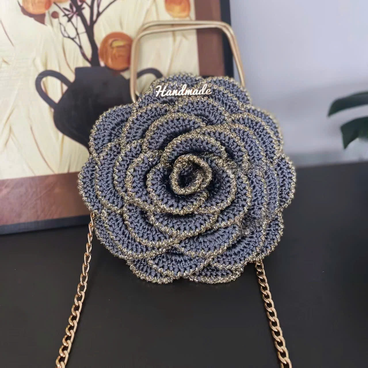 Handmade Crochet Rose Crossbody Bag – Elegant Floral Evening Bag with Chain Strap