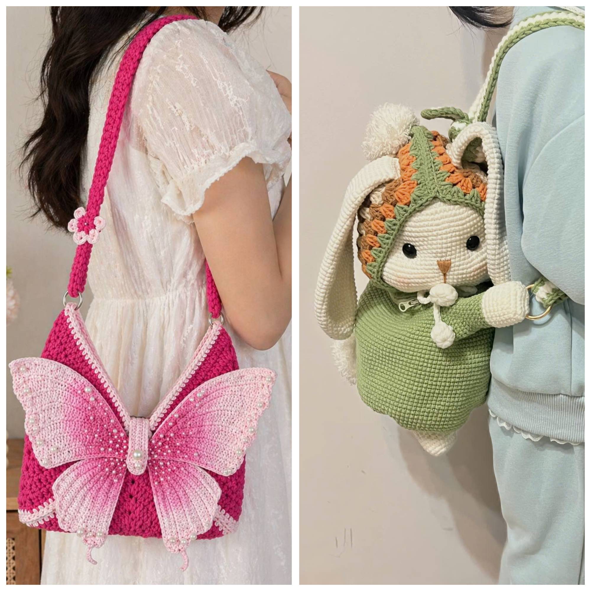 Cute Crochet Bag Pattern Bundle PDF – Floppy Bunny Backpack & Butterfly Shoulder Bag