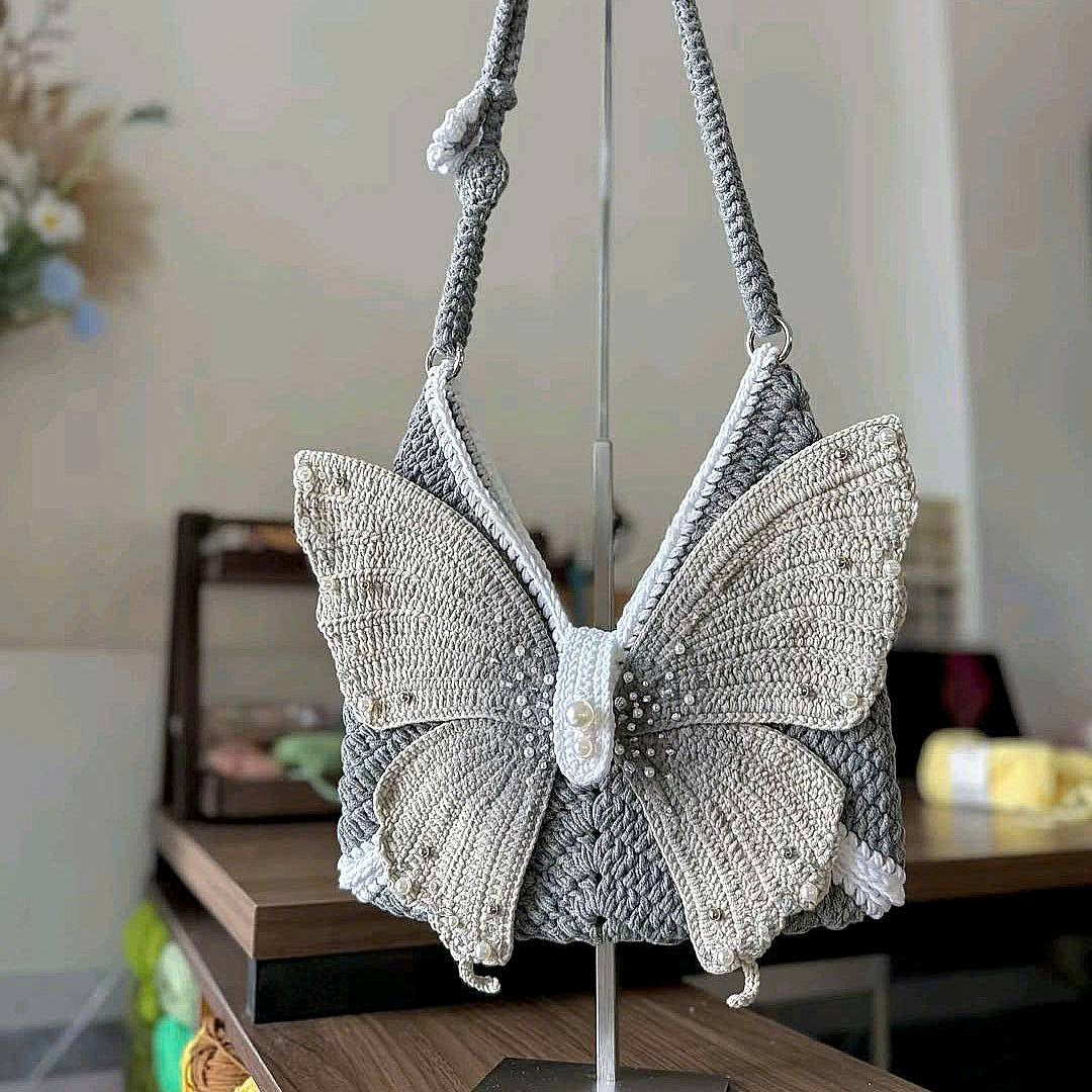 Butterfly Crochet Shoulder Bag – Handmade Knit Purse