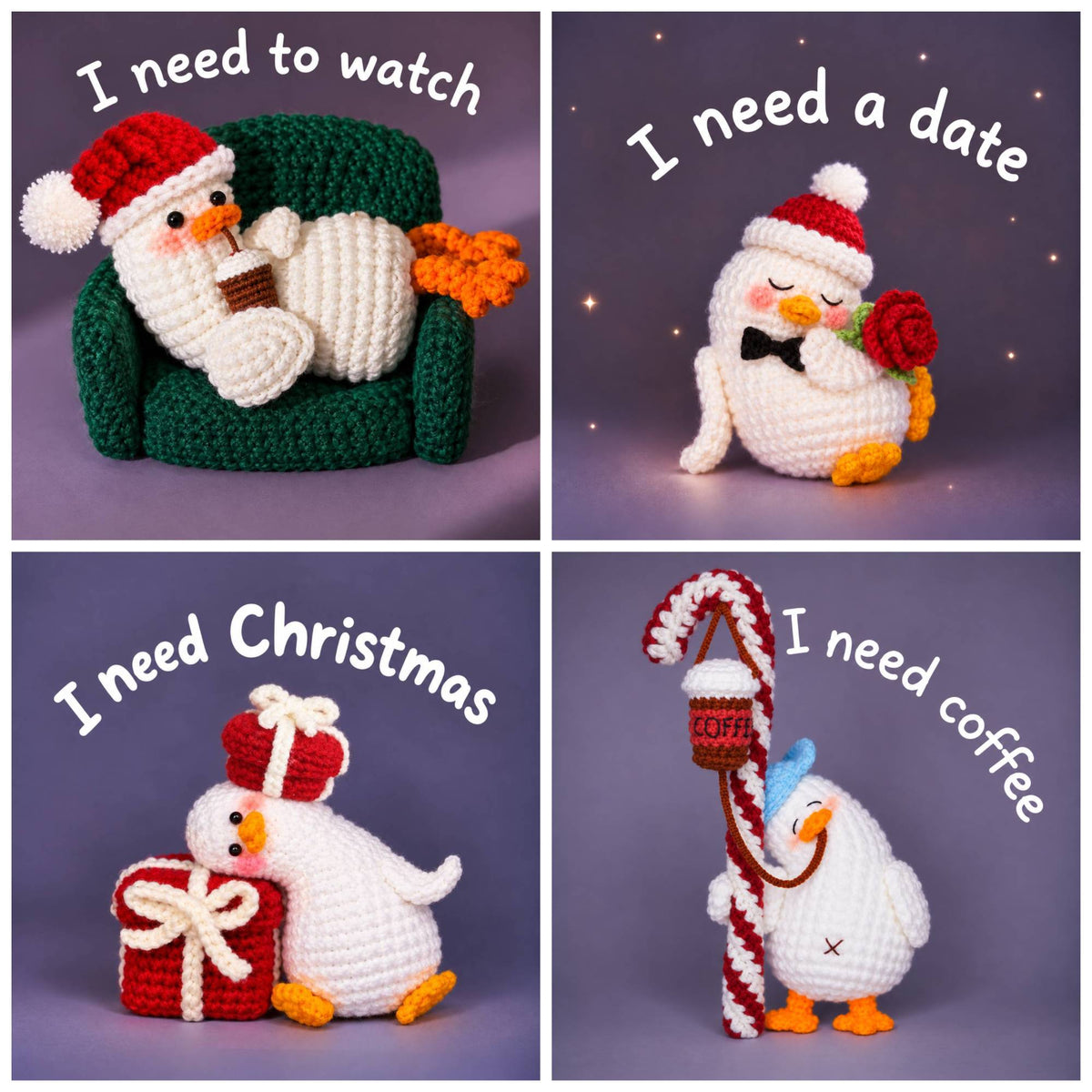 Set of 8 Christmas Emotional Support Ducks – Handmade Crochet Amigurumi Duck Collection