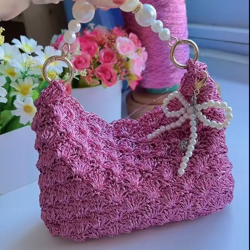 Pink Seashell Crochet Handbag | Handmade Aesthetic Shoulder Bag | Cute Coquette Purse with Pearl Strap
