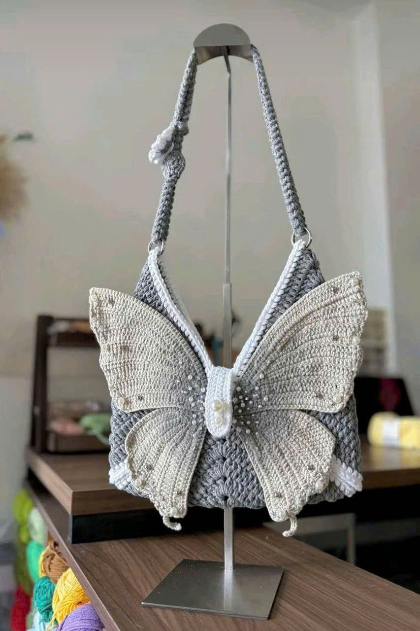 Butterfly Crochet Shoulder Bag – Handmade Knit Purse