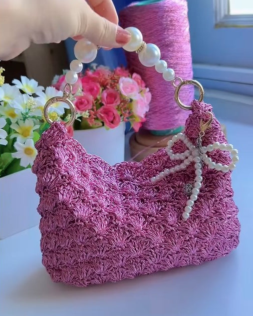 Pink Seashell Crochet Handbag | Handmade Aesthetic Shoulder Bag | Cute Coquette Purse with Pearl Strap