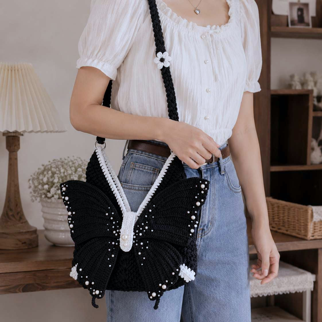 Butterfly Crochet Shoulder Bag – Handmade Knit Purse