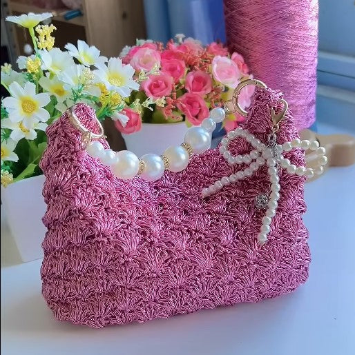 Pink Seashell Crochet Handbag | Handmade Aesthetic Shoulder Bag | Cute Coquette Purse with Pearl Strap