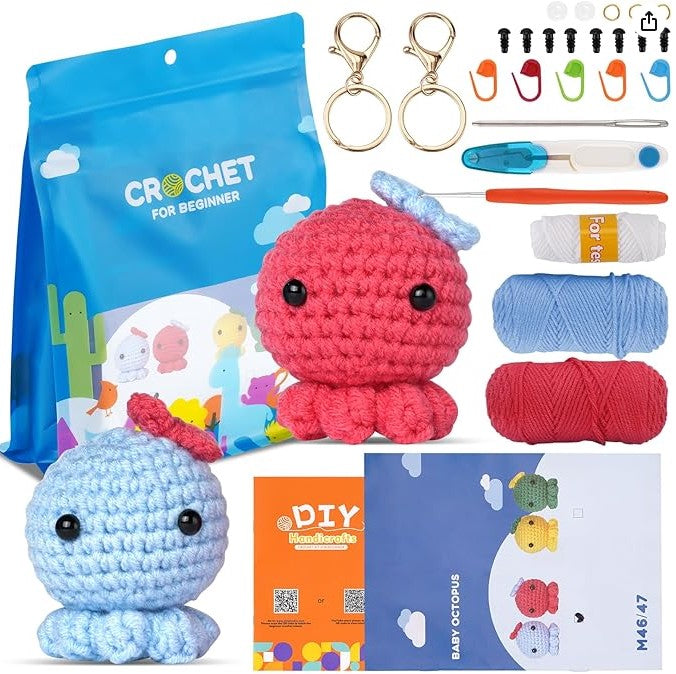 DIY Crochet Baby Octopus Kit for Beginners – Step-by-Step Video & Pattern, Cute Handmade Gift