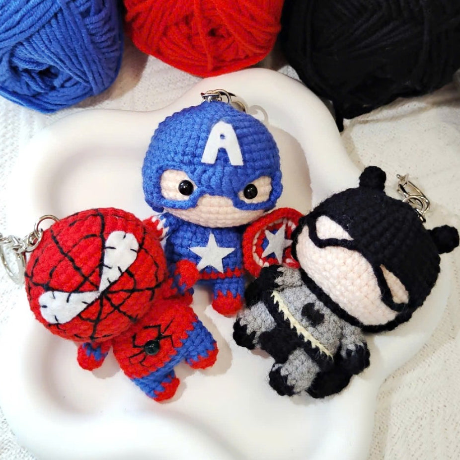 Bundle -  3 Superhero Crochet Pattern PDF | 3 Mini Hero Amigurumi Keychain Patterns