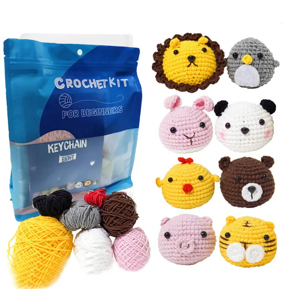 DIY Crochet Animal Head Keychain Kit – Beginner Amigurumi Starter Set with Yarn, Hook & Video Tutorials
