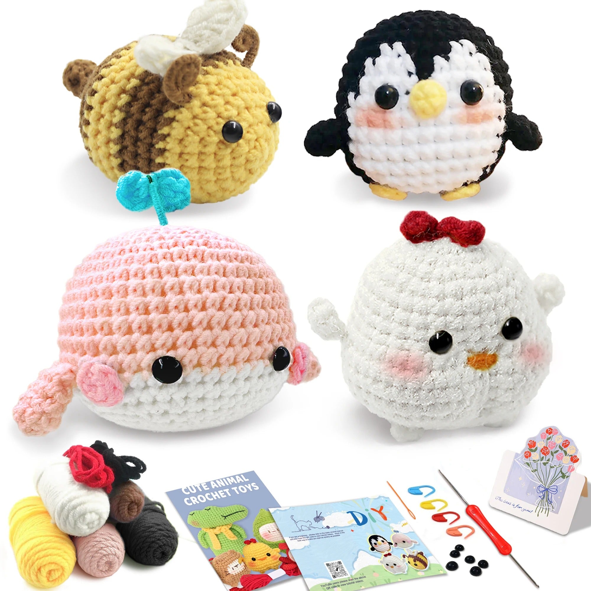 Beginner Crochet Kit – Cute Amigurumi Animals DIY Set with Step-by-Step Video