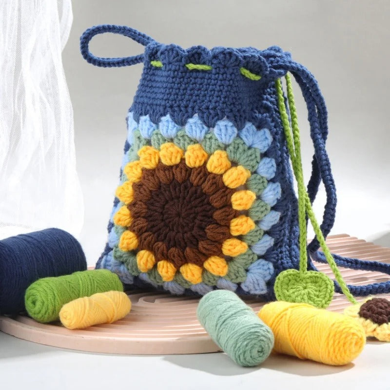 DIY Sunflower Crochet Drawstring Bag Kit – Beginner Friendly | Step-by-Step Tutorial Included