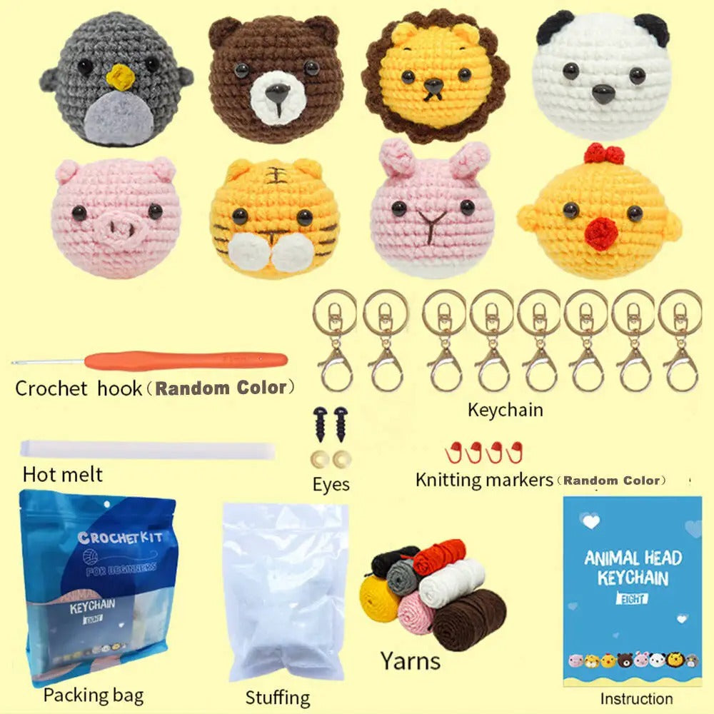 DIY Crochet Animal Head Keychain Kit – Beginner Amigurumi Starter Set with Yarn, Hook & Video Tutorials