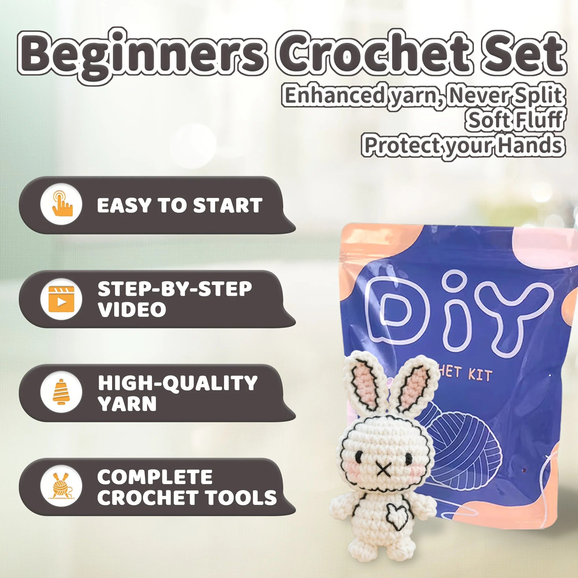 DIY Crochet Bunny Kit for Beginners – Amigurumi Rabbit Starter Kit with Step-by-Step Video
