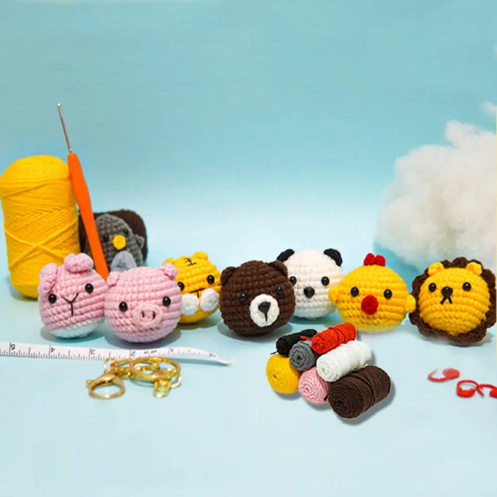 DIY Crochet Animal Head Keychain Kit – Beginner Amigurumi Starter Set with Yarn, Hook & Video Tutorials