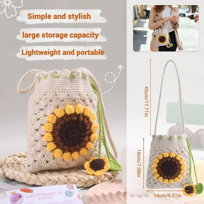 DIY Sunflower Crochet Drawstring Bag Kit – Beginner Friendly | Step-by-Step Tutorial Included