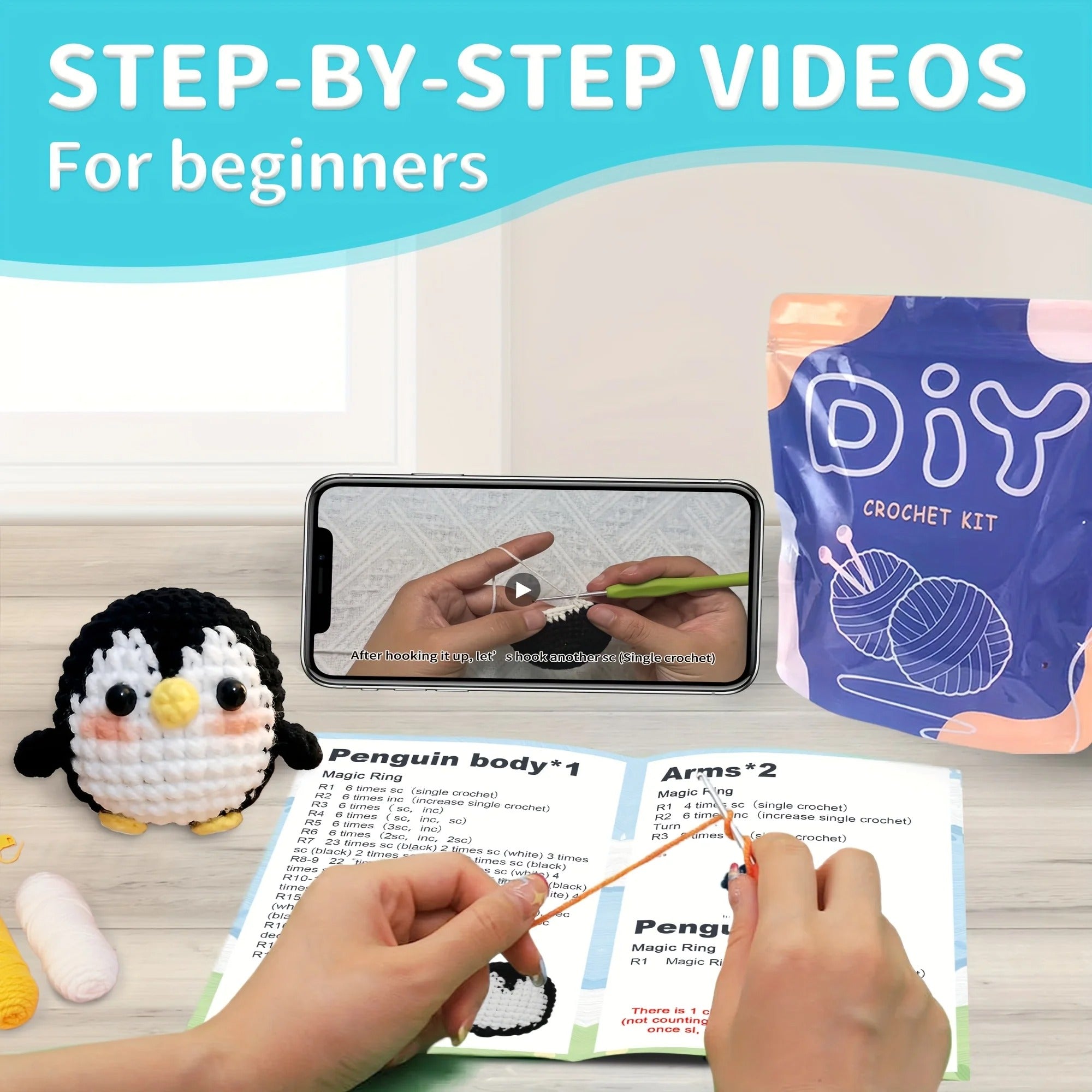 Beginner Crochet Kit – Cute Amigurumi Animals DIY Set with Step-by-Step Video