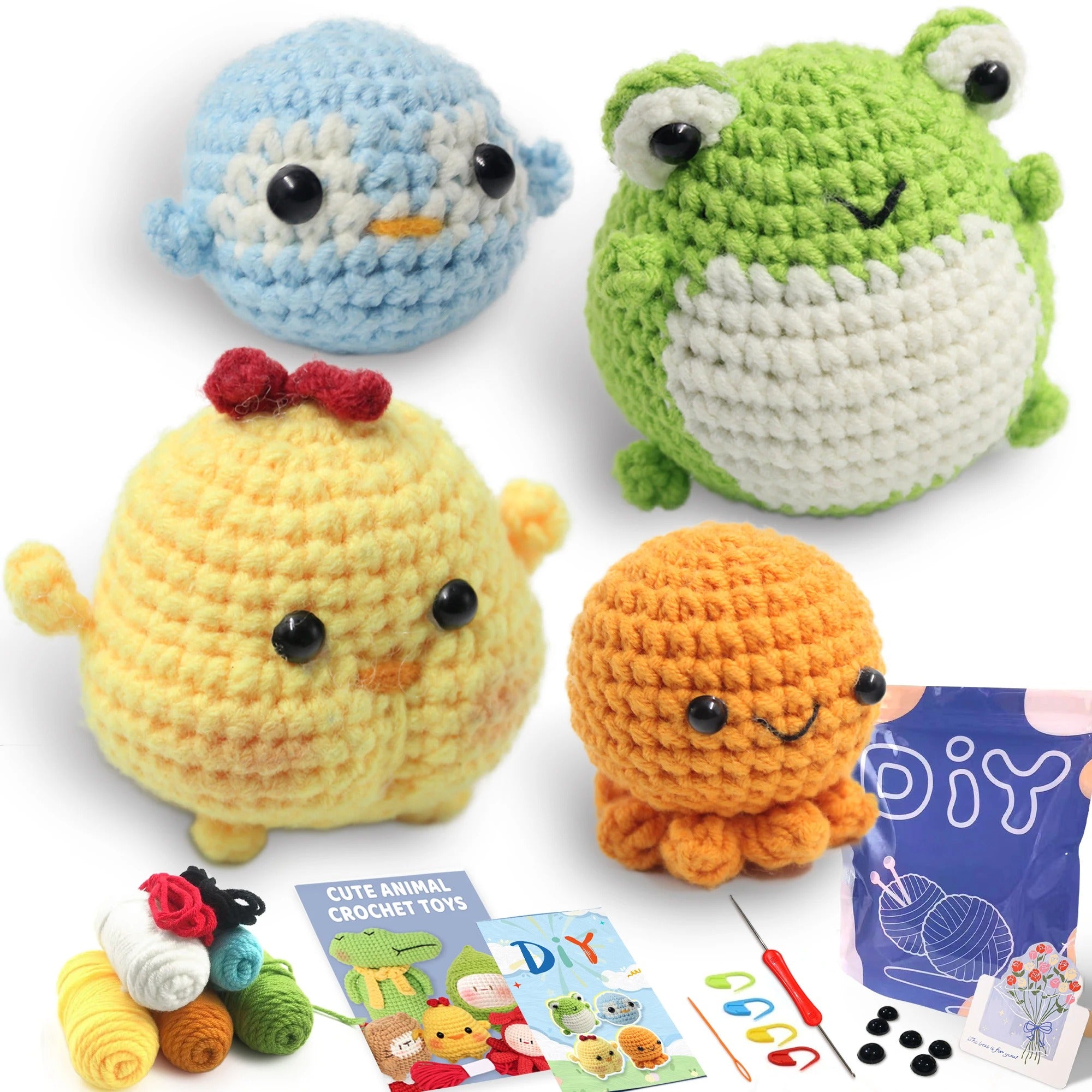 Beginner Crochet Kit – Cute Amigurumi Animals DIY Set with Step-by-Step Video