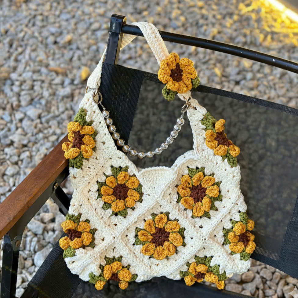 Crochet Sunflower Tote Bag – Large Handmade Shoulder Bag | Boho Flower Purse