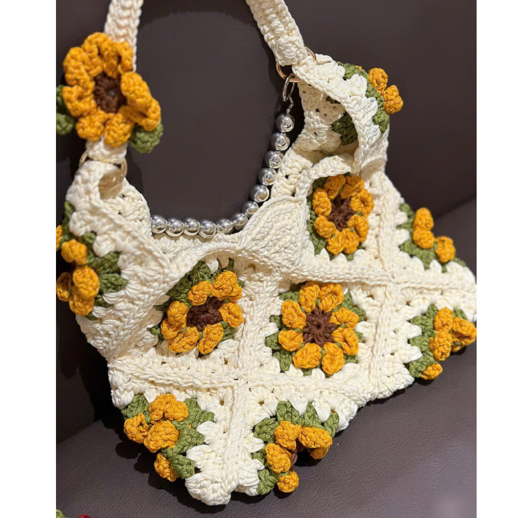 Crochet Sunflower Tote Bag – Large Handmade Shoulder Bag | Boho Flower Purse