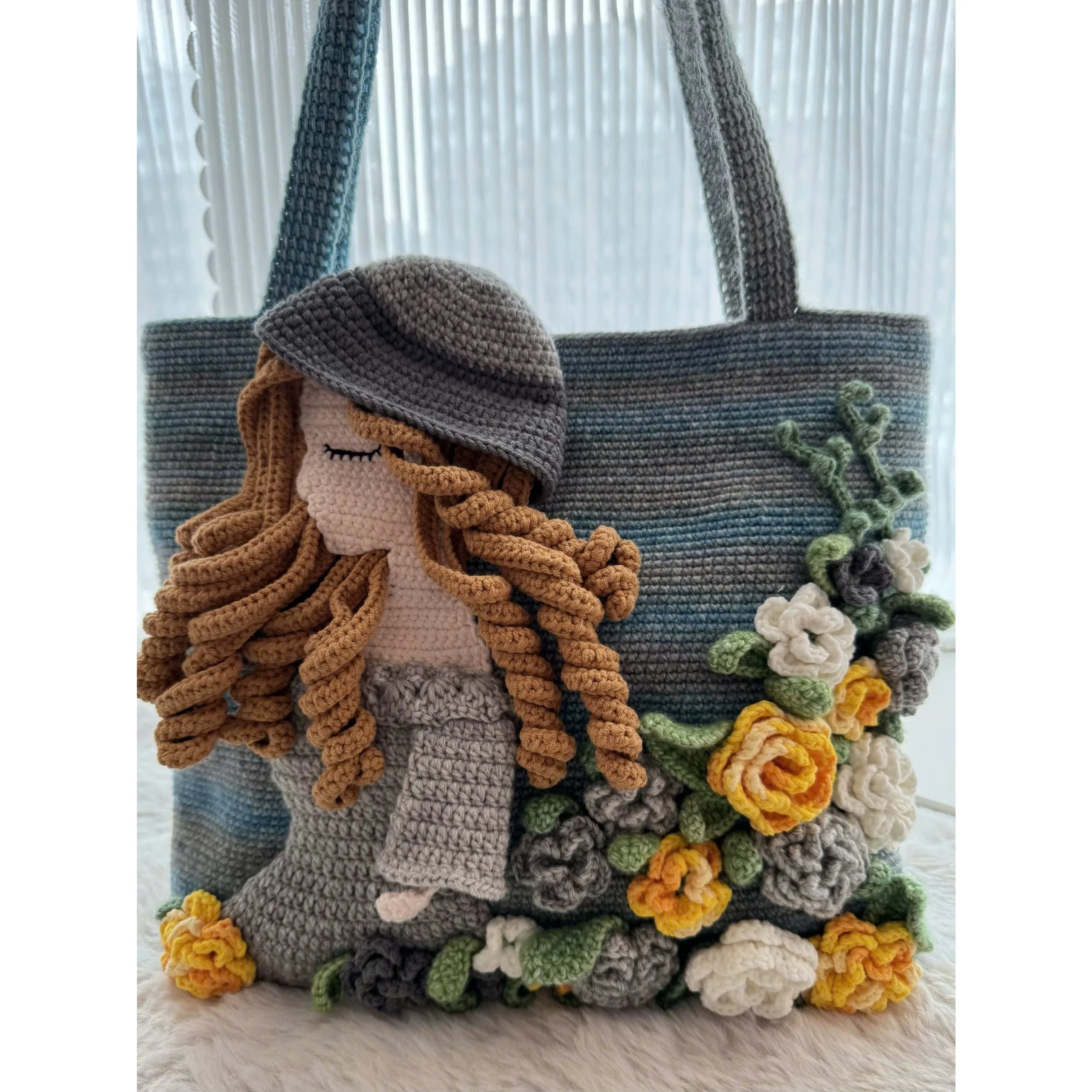 Artistic Crochet Shoulder Bag – 3D Flower & Girl Design, Handmade Gift