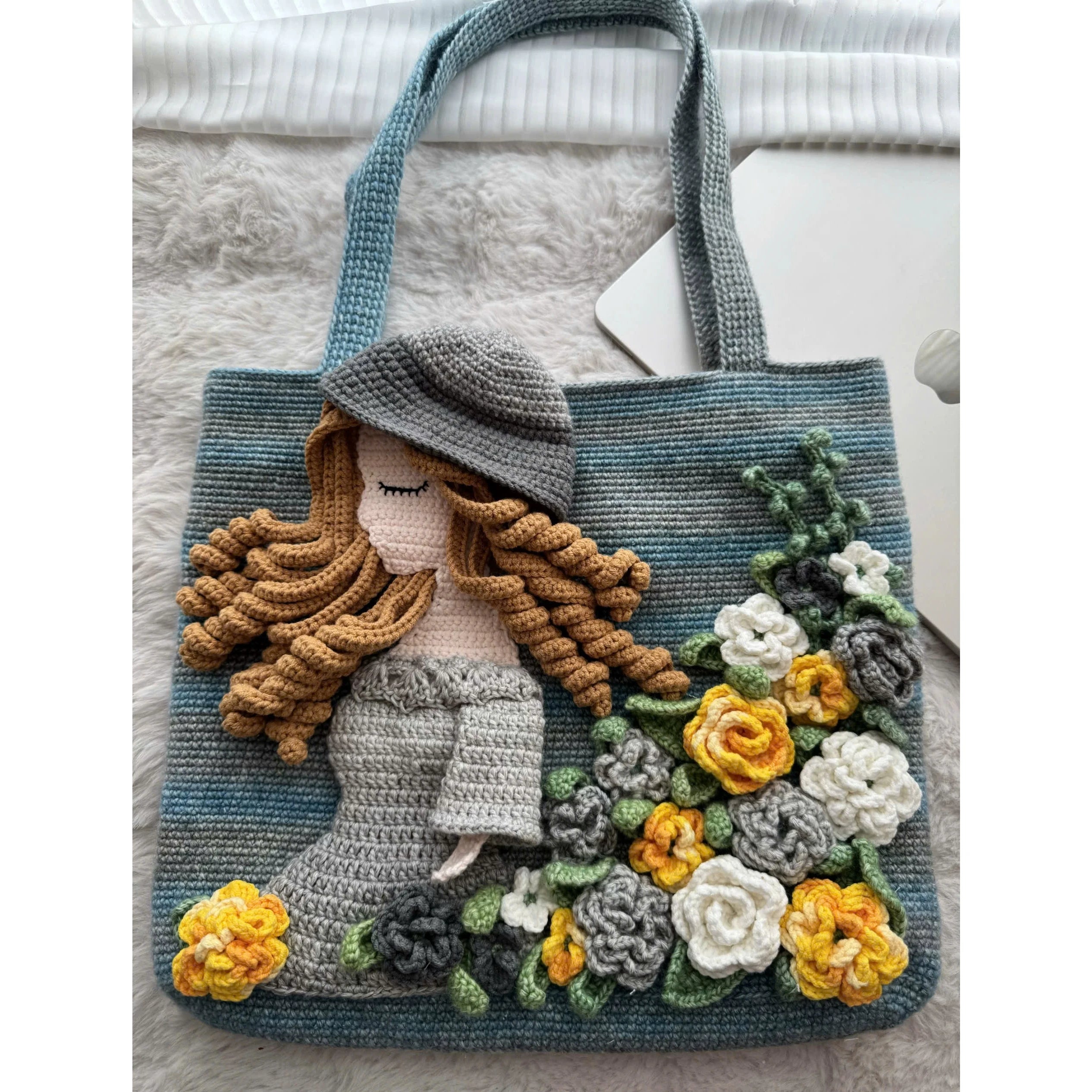 Artistic Crochet Shoulder Bag – 3D Flower & Girl Design, Handmade Gift