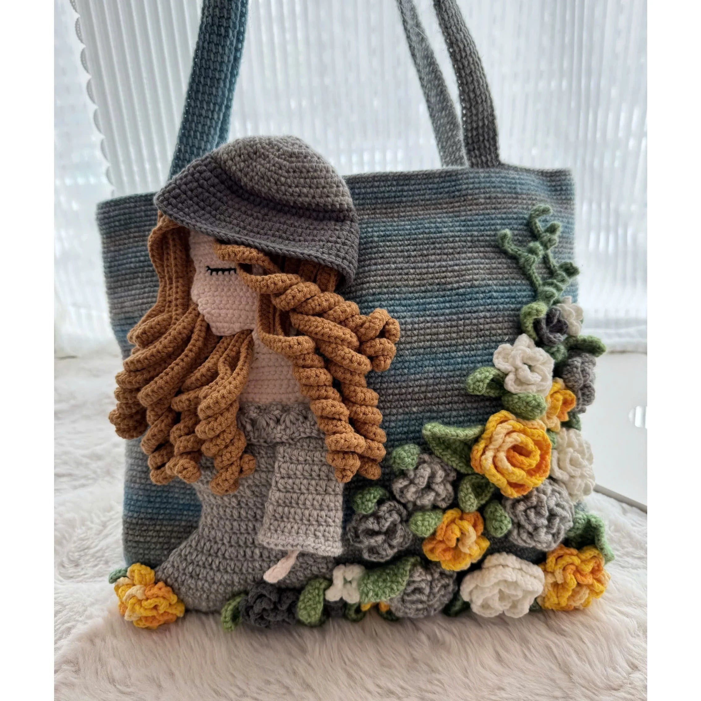 Artistic Crochet Shoulder Bag – 3D Flower & Girl Design, Handmade Gift