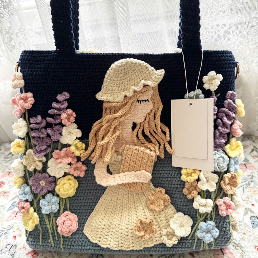 Handmade Crochet Tote Bag – Floral Girl Design | Lined Crochet Shoulder Bag