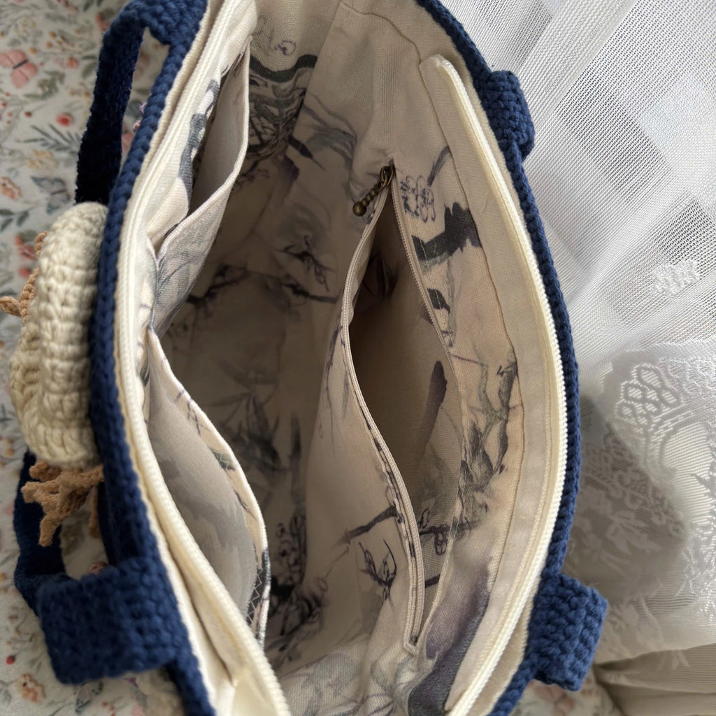 Handmade Crochet Tote Bag – Floral Girl Design | Lined Crochet Shoulder Bag